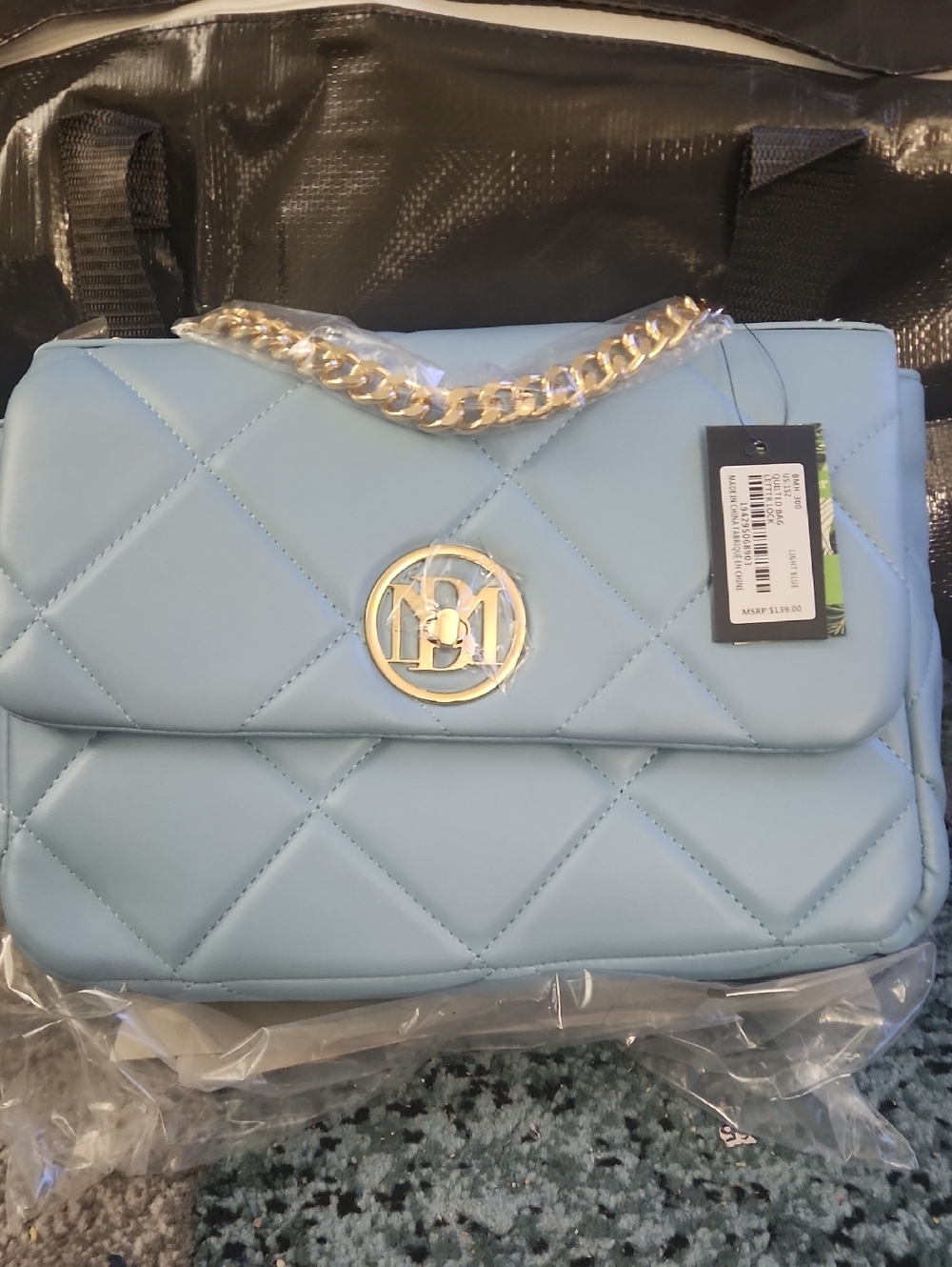 NWT. Badgley Mischka Quilted Shoulder Bag in Light Blue with Gold Chain